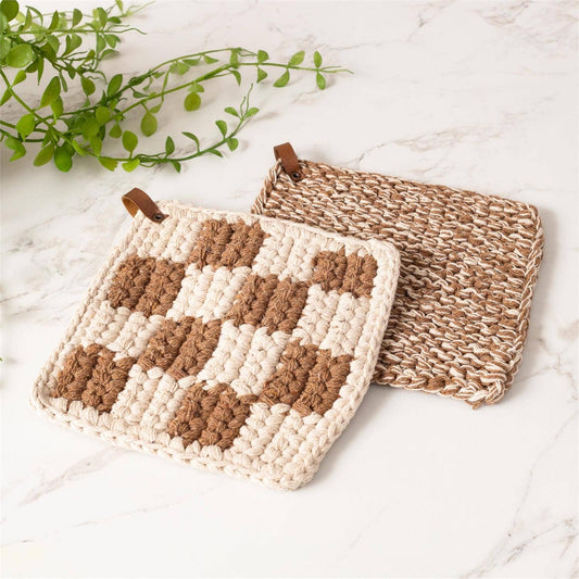 Knitted Pot Holder - Brown and Cream