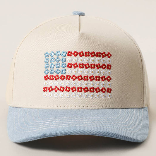 Floral American Flag Embroidered Two-Tone Denim Trucker Hat