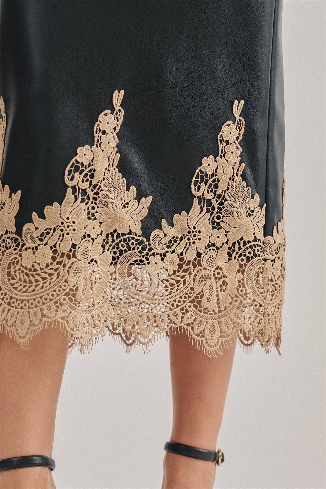 Faux Leather Midi Skirt with Lace Hem