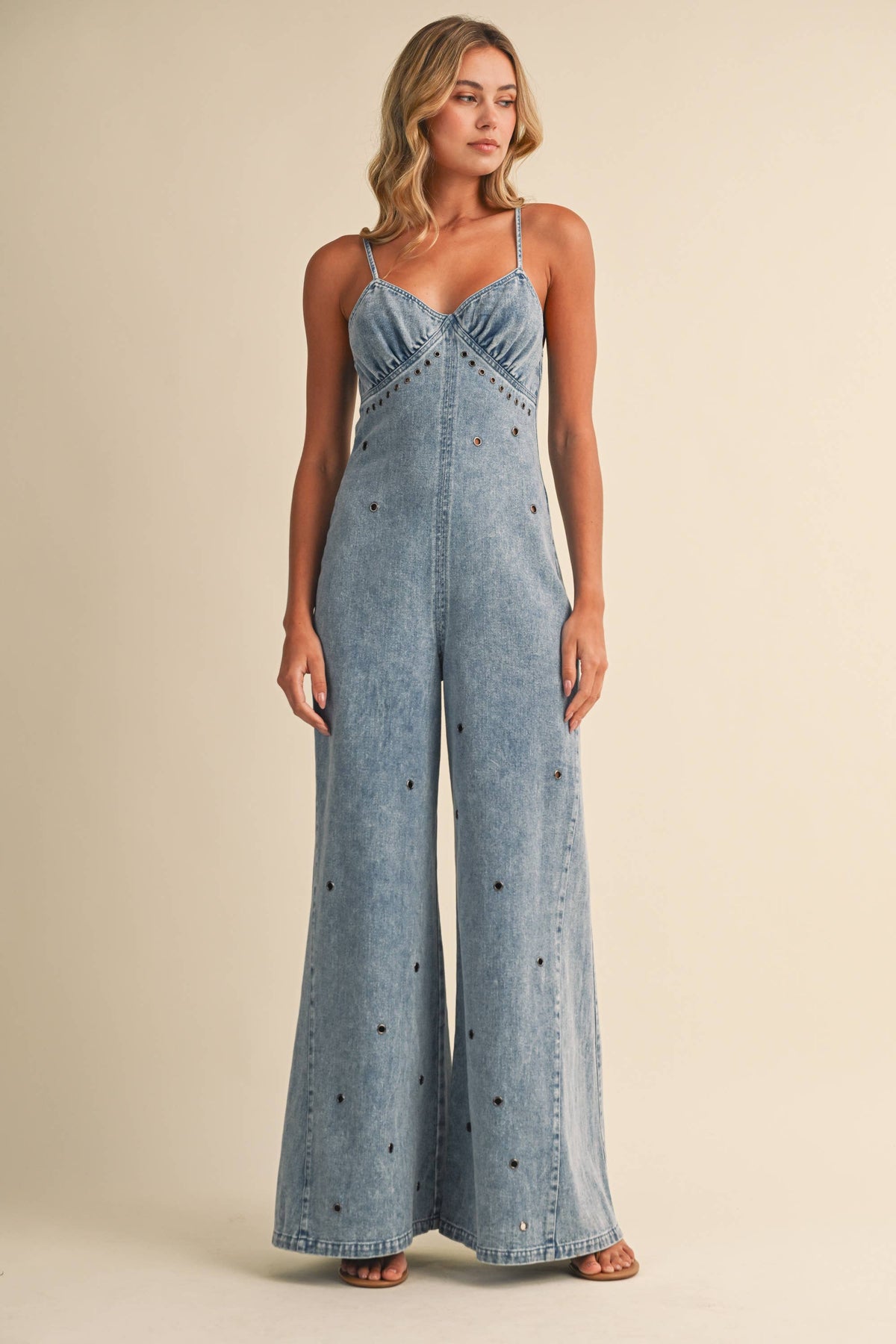 Denim Jumpsuit with Grommet Details