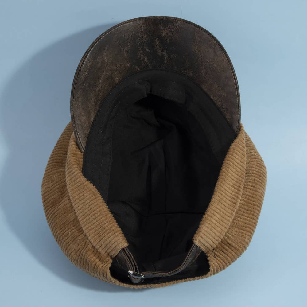Corduroy Newsboy Hat With Vegan Leather Brim