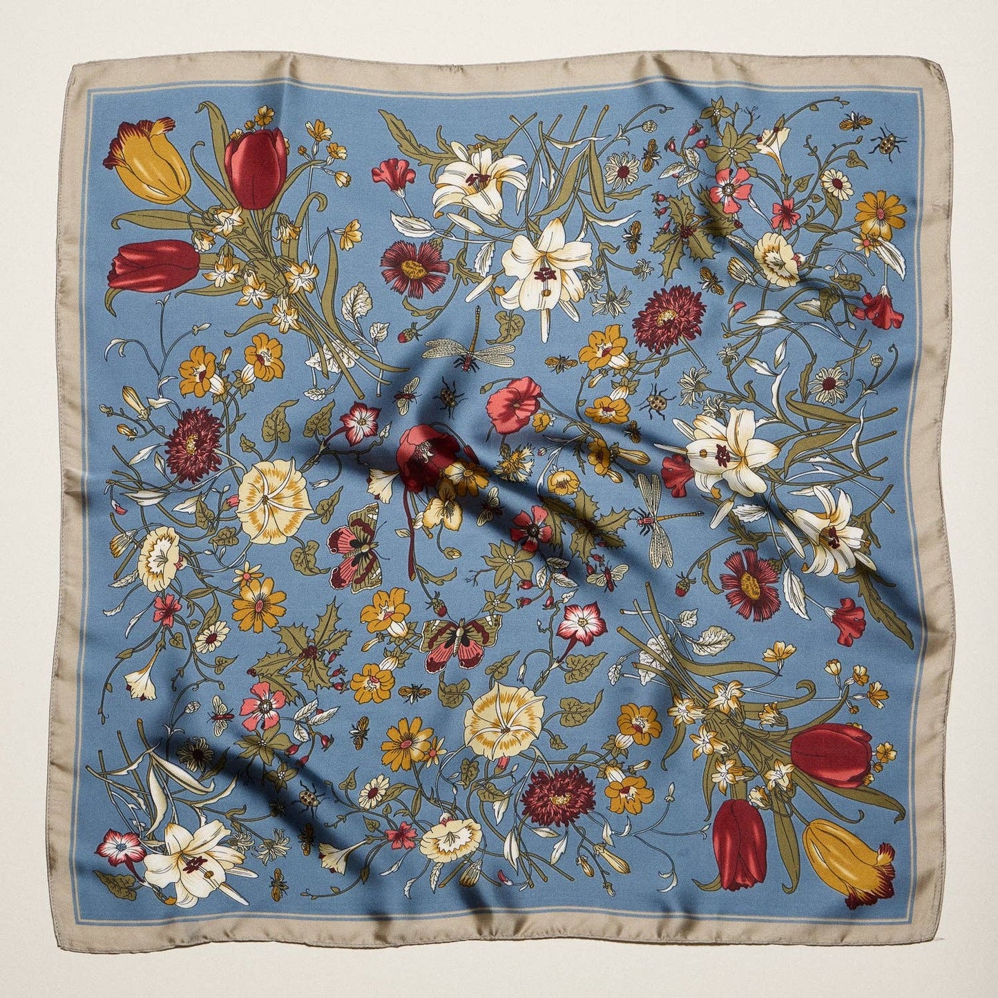 Vintage Botanical Floral Square Scarf | Elegant Garden Print Satin Neck & Hair Scarf