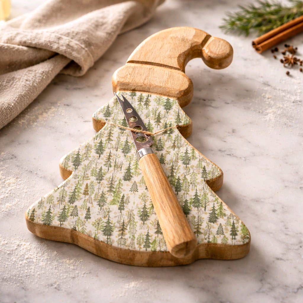 Christmas Tree Cheese Server W/Knife 10x8in