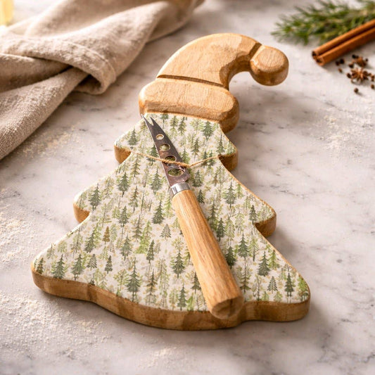 Christmas Tree Cheese Server W/Knife 10x8in