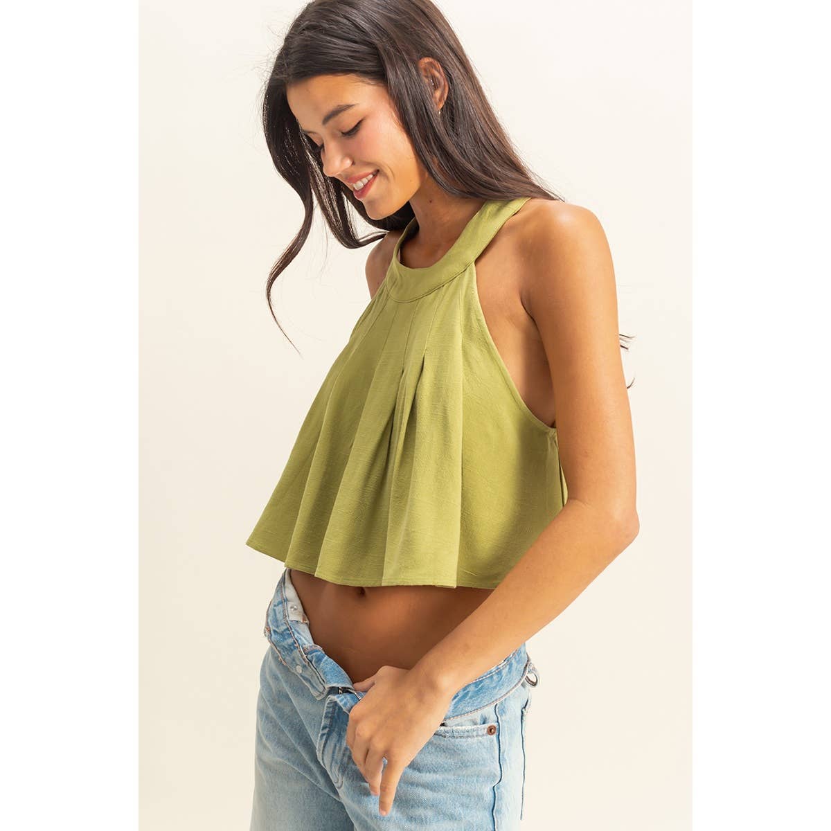 Halter Pleated Ruffle Crop Top: LIGHT OLIVE