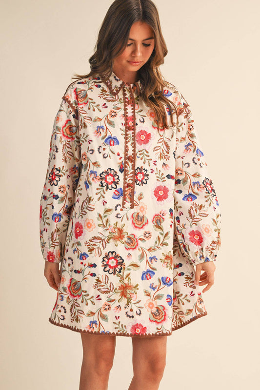 Blanket Stitch Buttoned Mini Dress