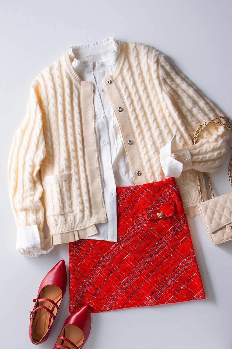 Tweed Plaid with Gold Heart Pocket Mini Skirt