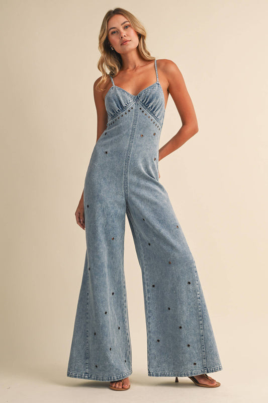Denim Jumpsuit with Grommet Details