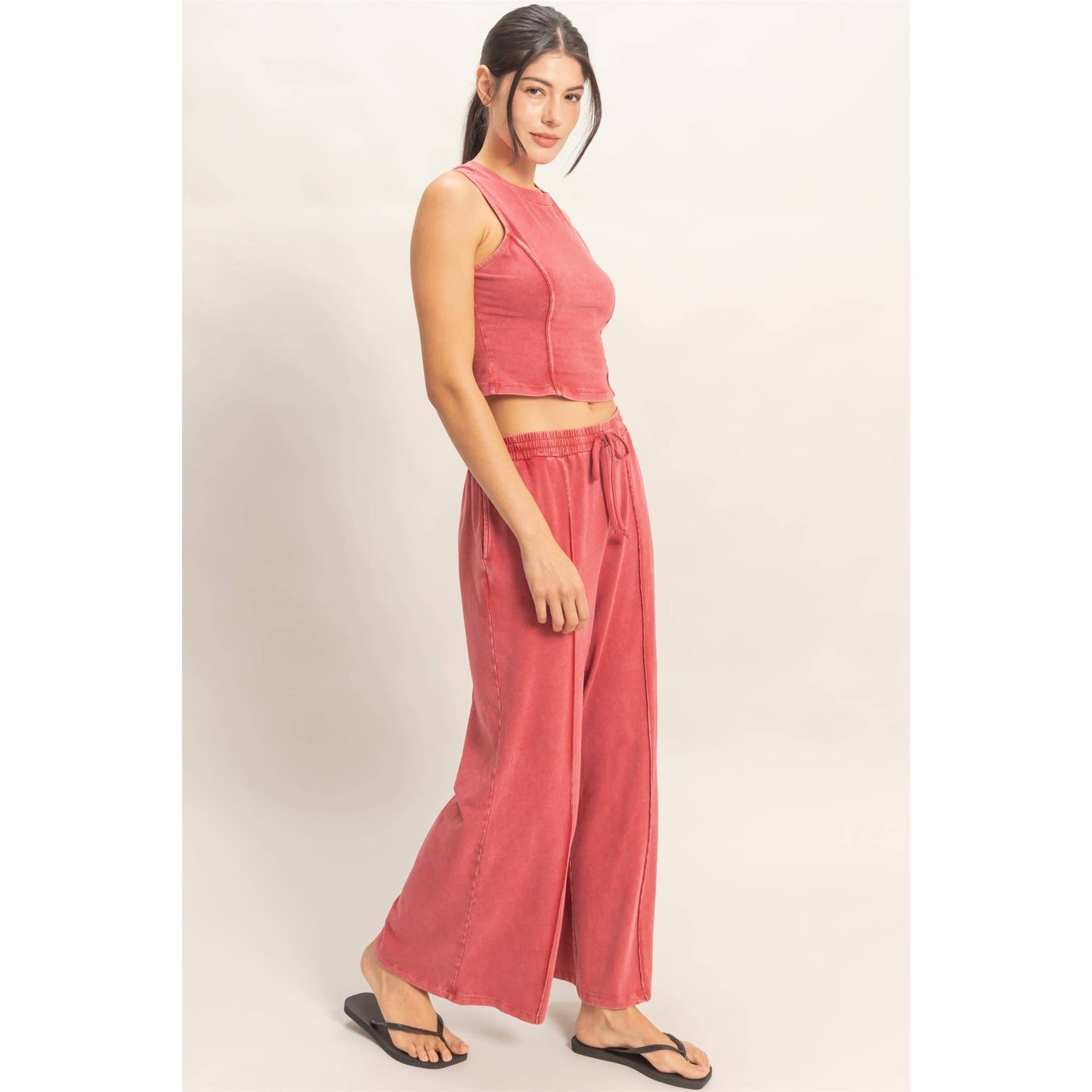 Mineral Washed Sleeveless Top & Wide Leg Pants Set: DARK RED