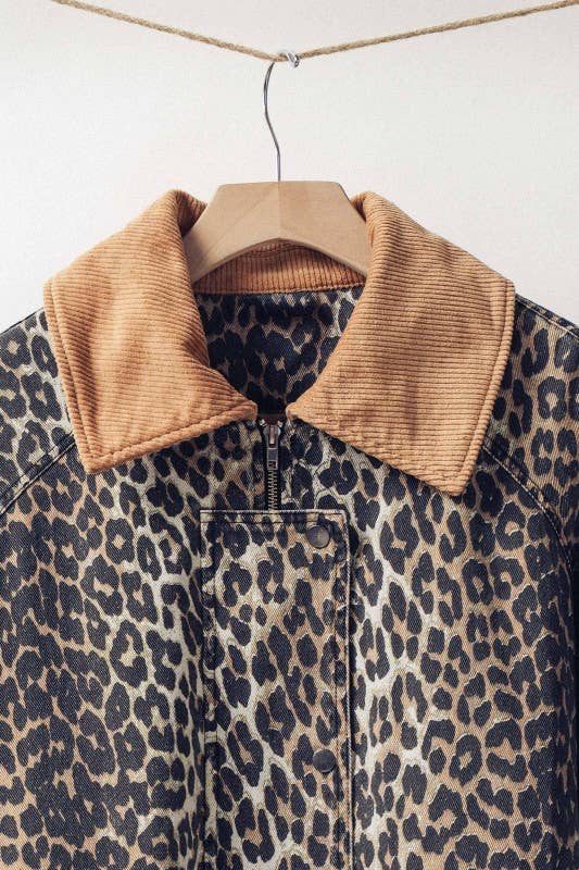 Corduroy Collar Leopard Print Jacket