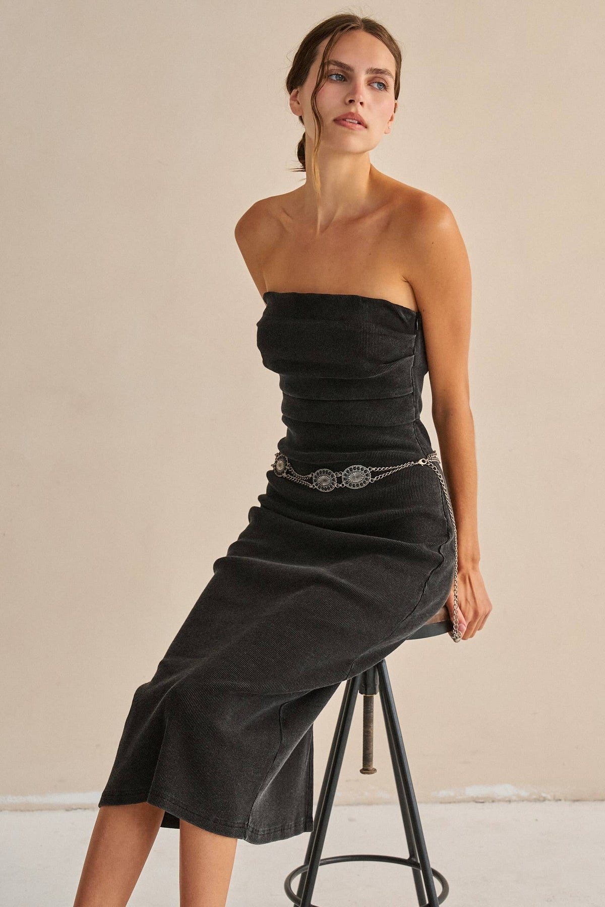 Strapless Ribbed Jersy Midi Dress