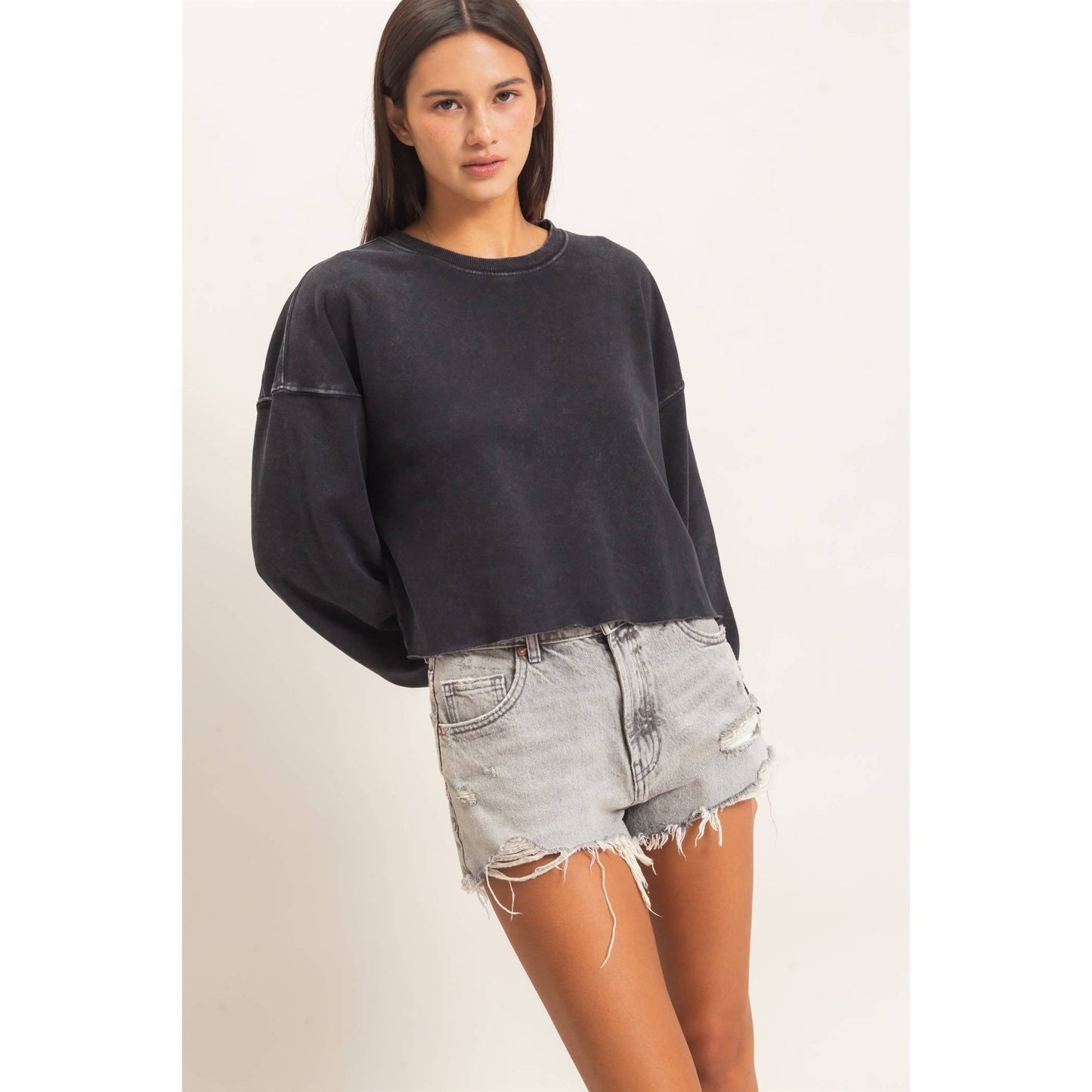 Mineral Wash Raw Hem Cropped Sweatshirt