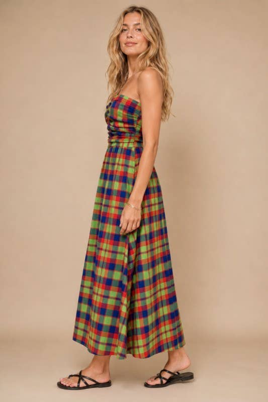 Plaid Strapless Maxi Dress