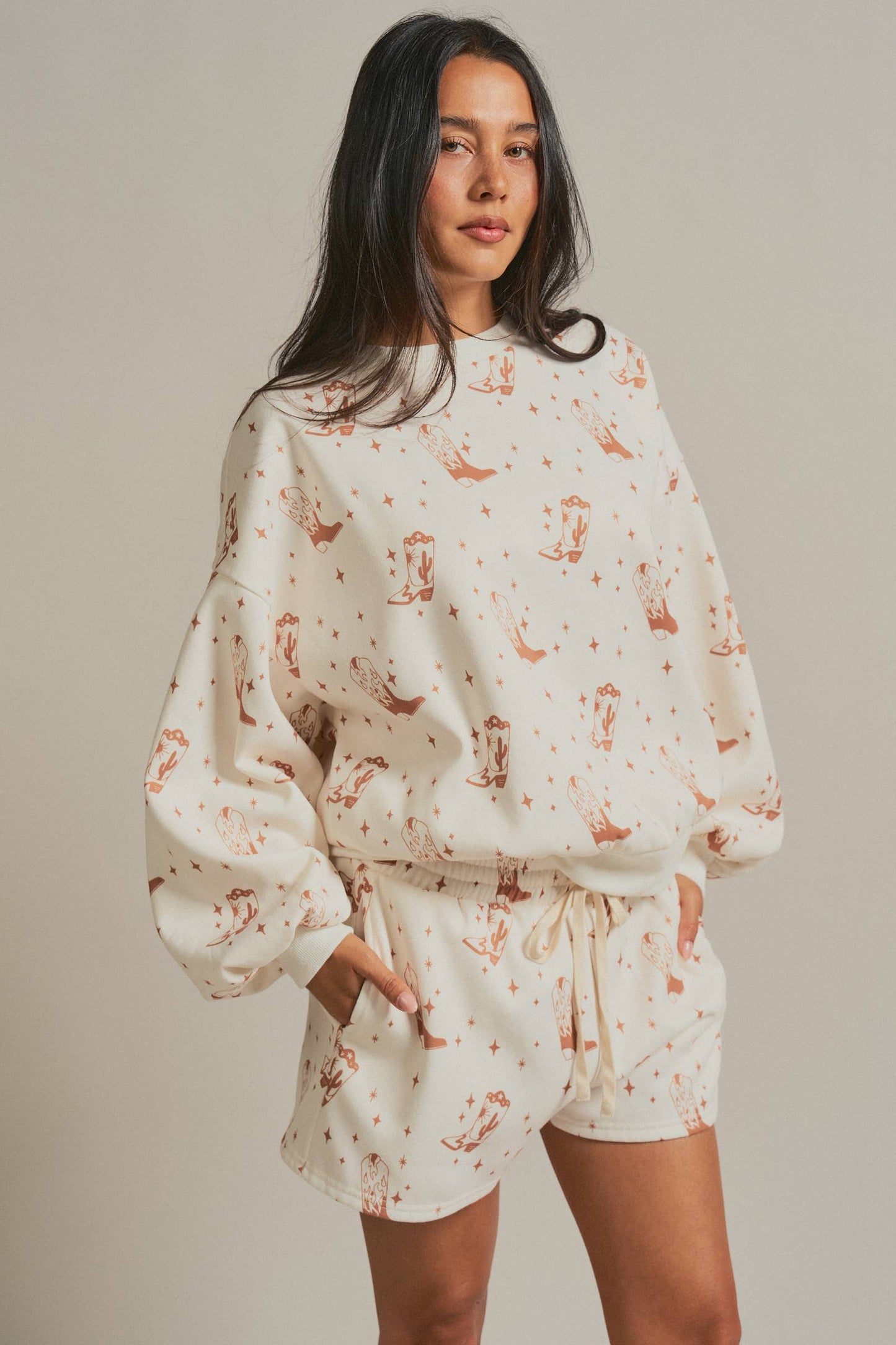 Cowboy Boot Print Sweatshirt and Shorts Set
