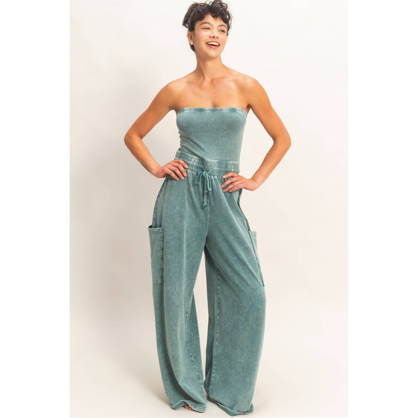 Mineral Wash Strapless Wide-Leg Jumpsuit