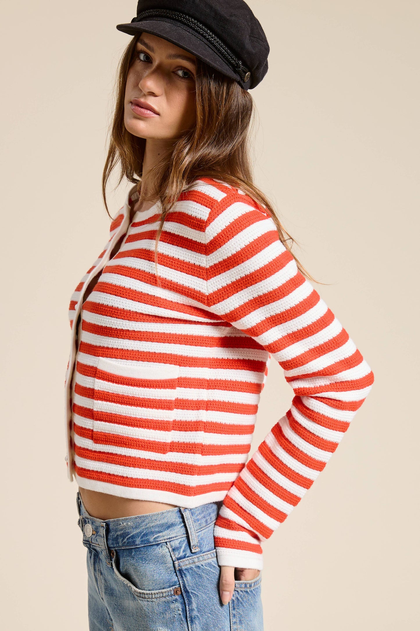 Pearl Embellishment Striped Cardigan Sweater