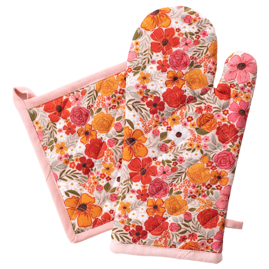 Rosewood Blooms Oven Mitt + Pot Holder Set