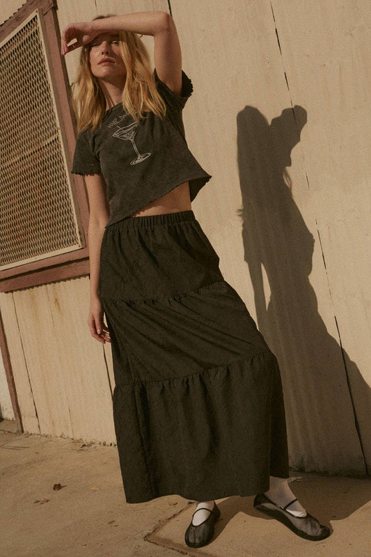 Tiered Ruffle Wrinkle-Texture Woven Maxi Skirt