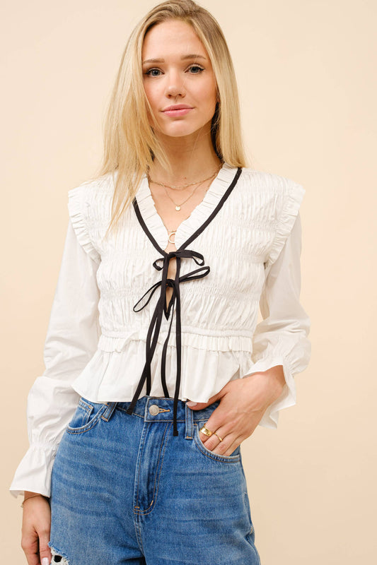Poplin Smocked Tie Blouse