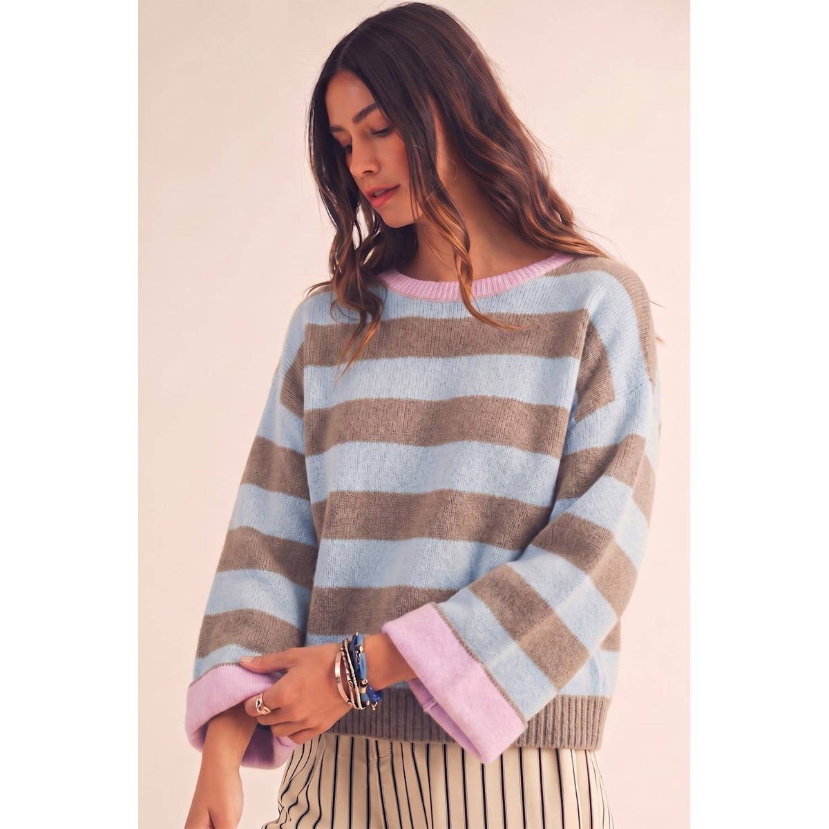 Stripe Effortless Everyday Relaxed Contrast Cuff Sweater