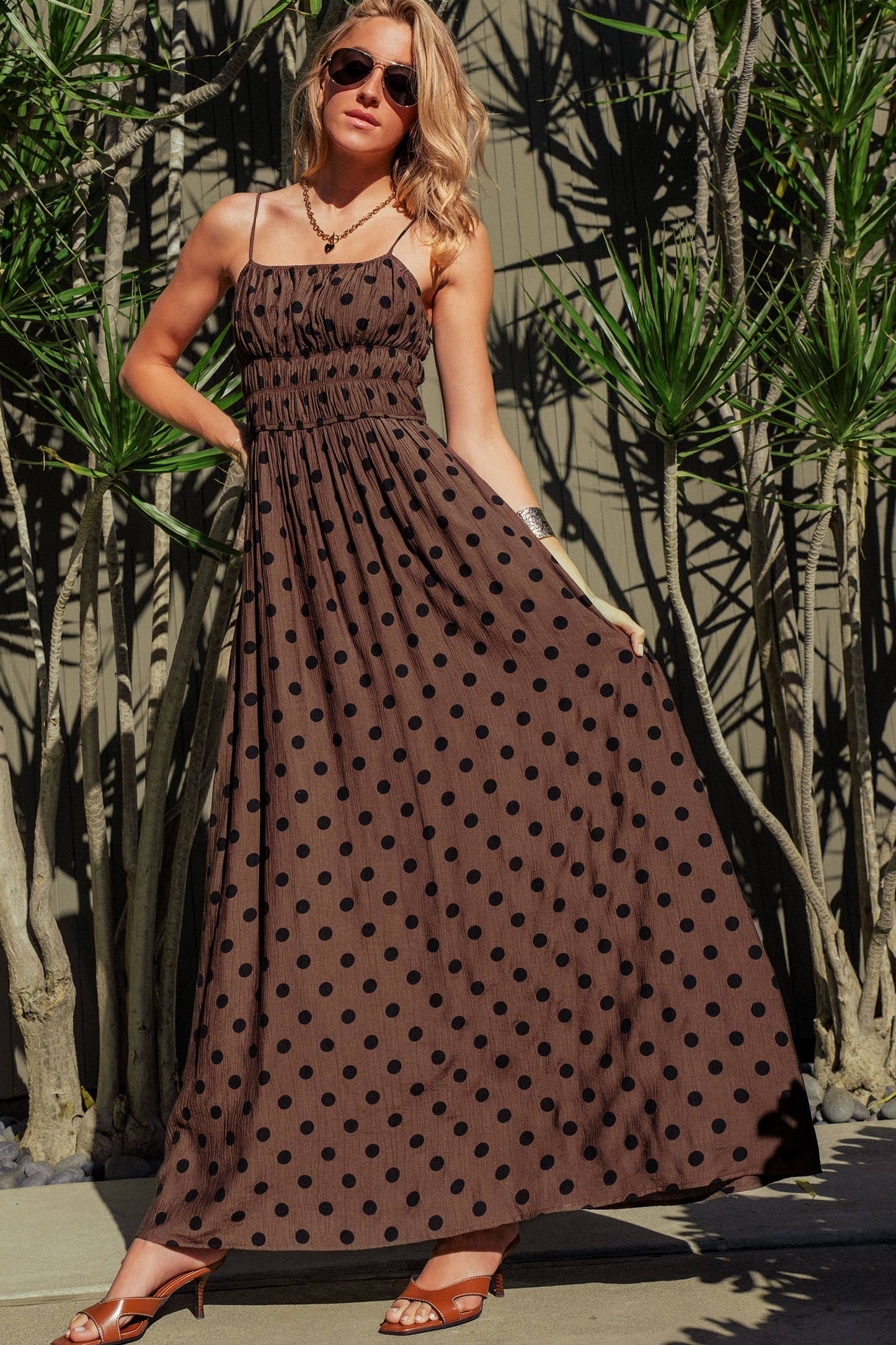 Polka Dot Smocked Maxi Dress Linen Blend