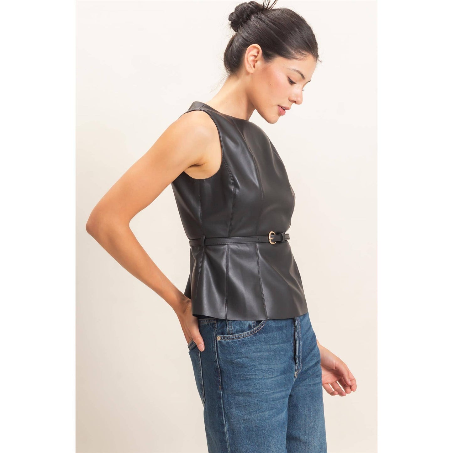 Sleek Faux Leather Belted Top