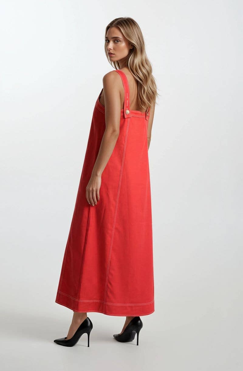 Red Button Detail Midi Dress