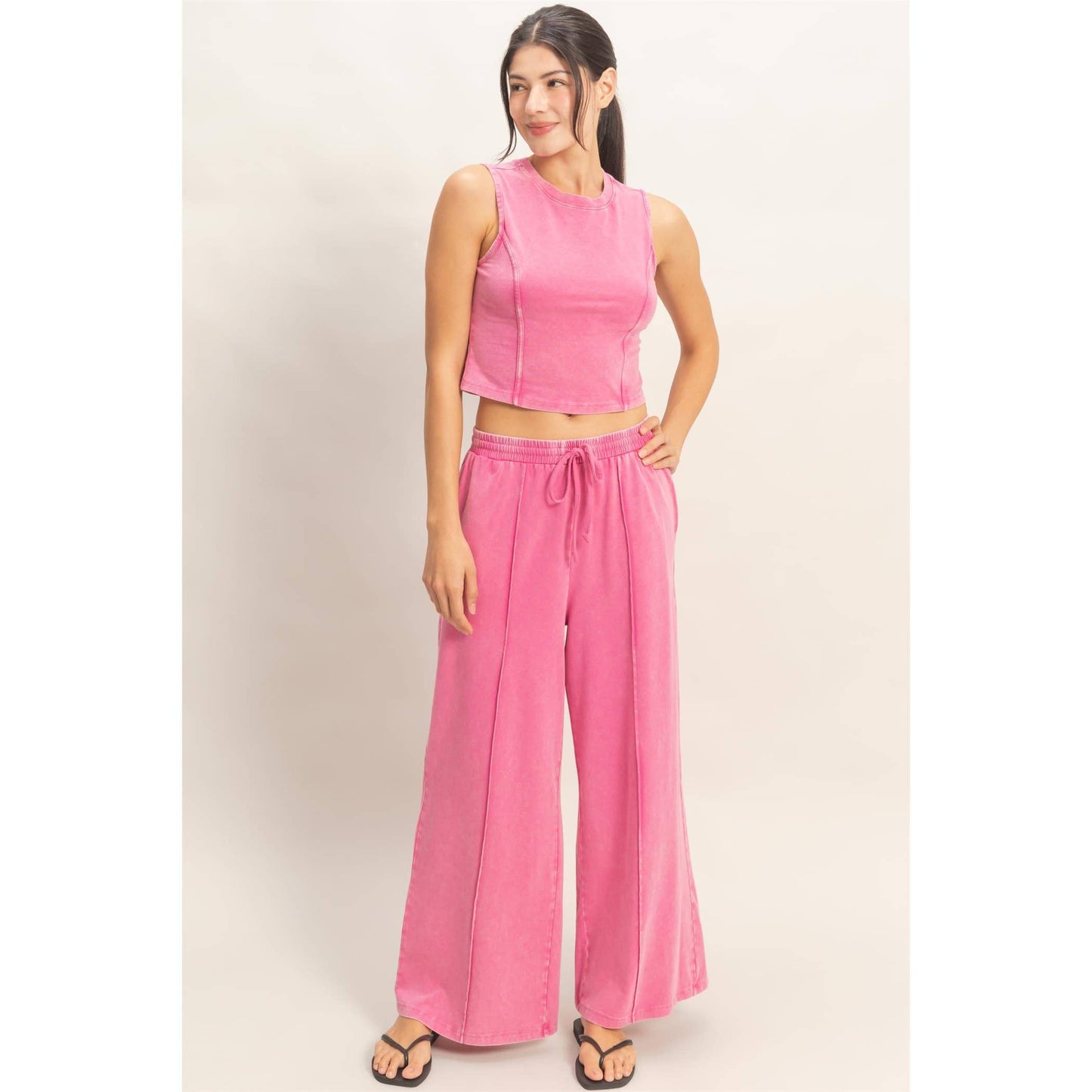 Mineral Washed Sleeveless Top & Wide Leg Pants Set: