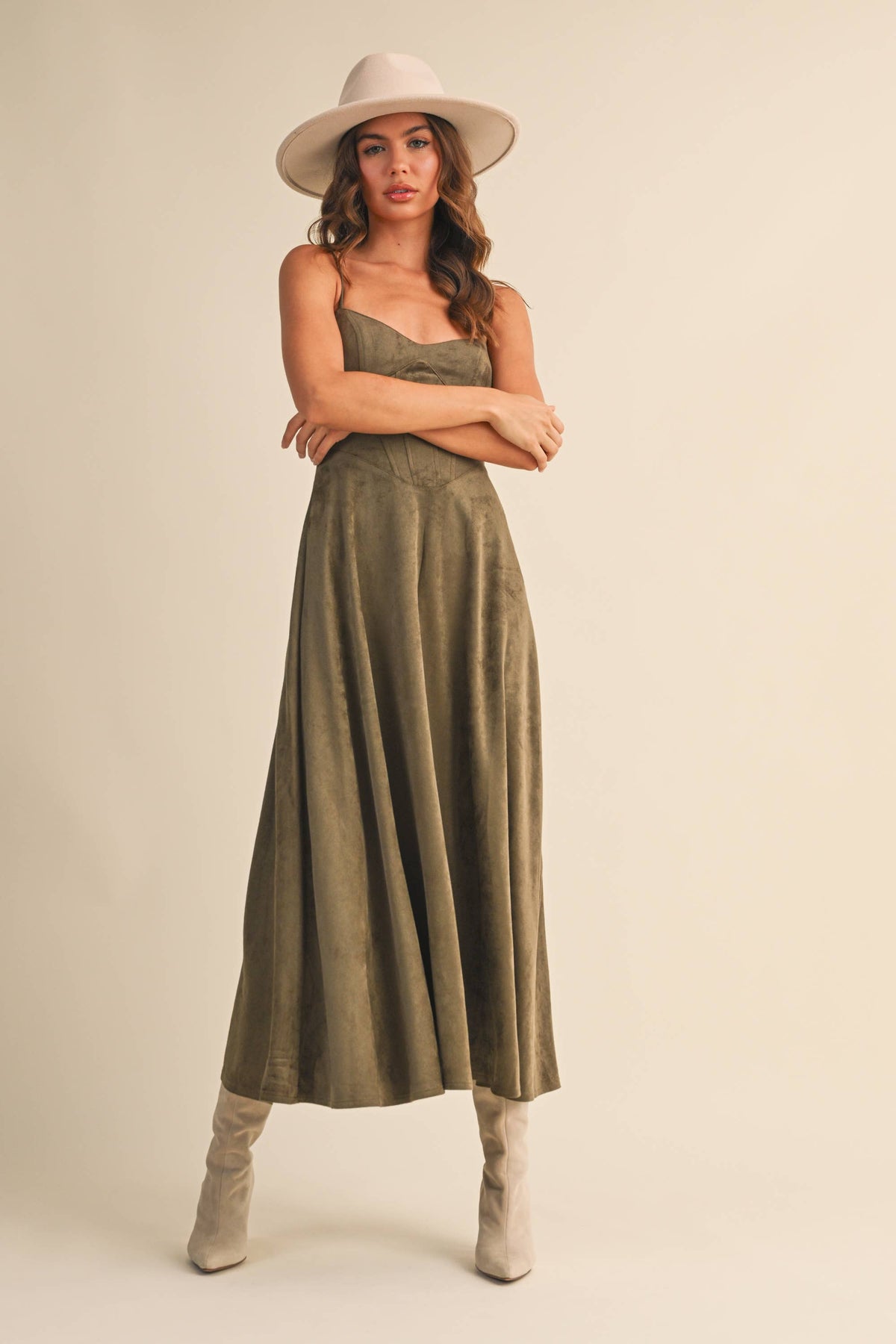Suede Corset Flared Midi Dress