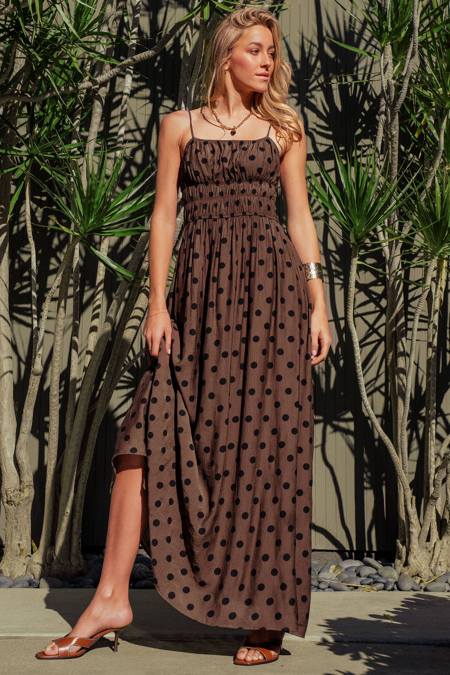 Polka Dot Smocked Maxi Dress Linen Blend