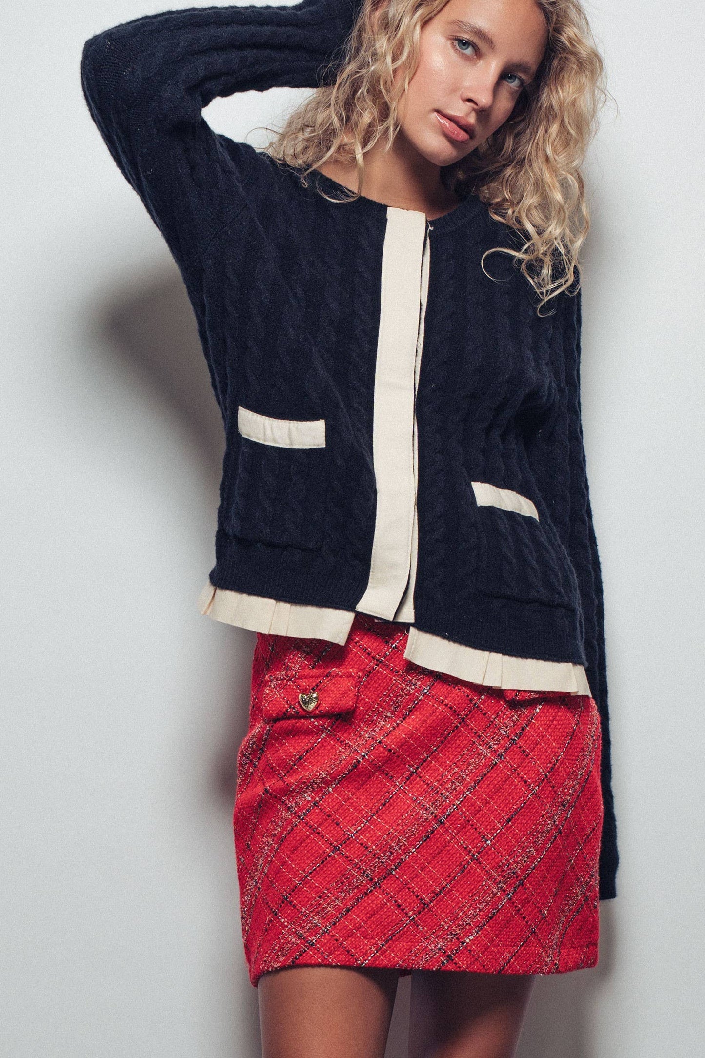 Tweed Plaid with Gold Heart Pocket Mini Skirt