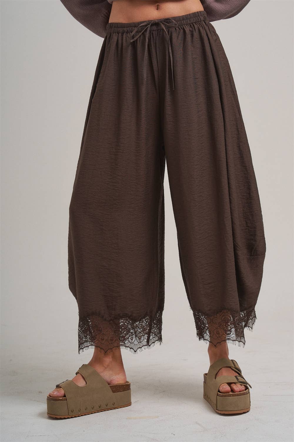 Flowy Balloon Pants with Lace Trim