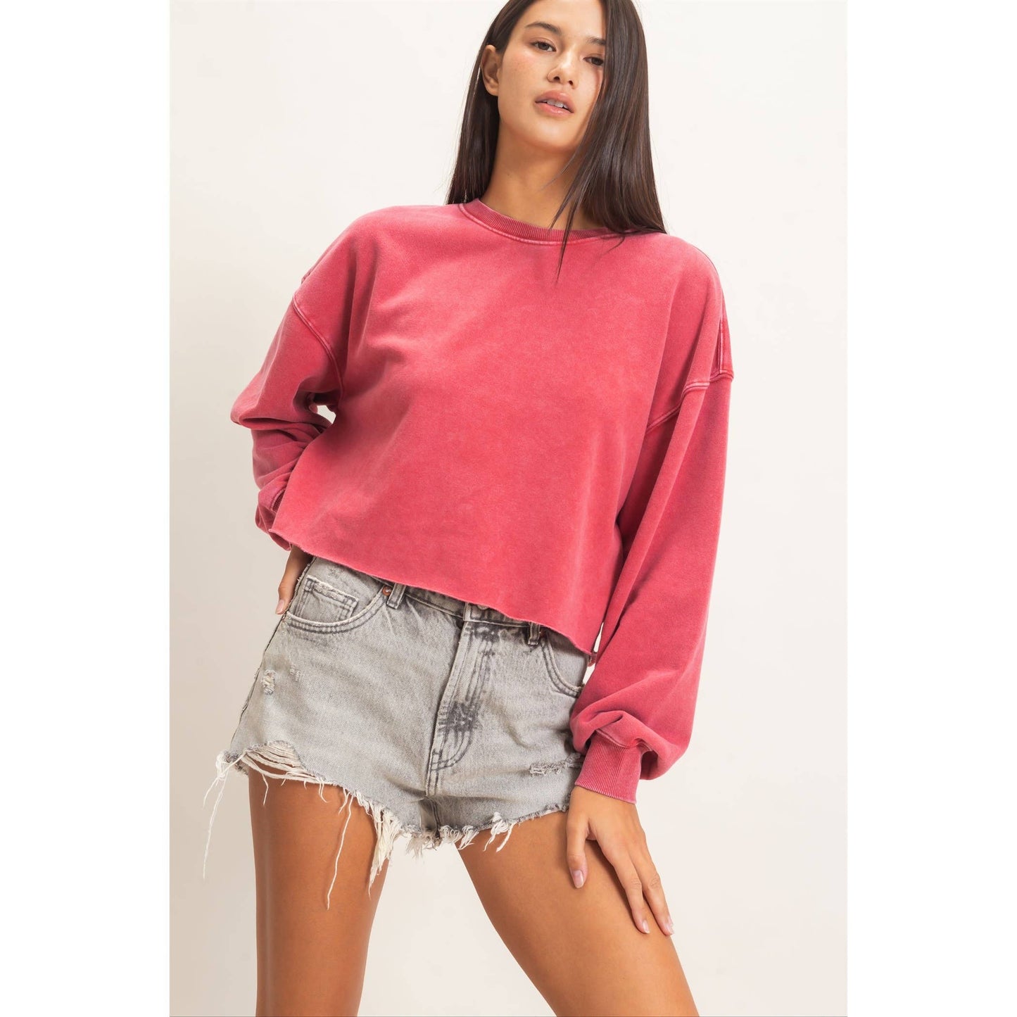 Mineral Wash Raw Hem Cropped Sweatshirt