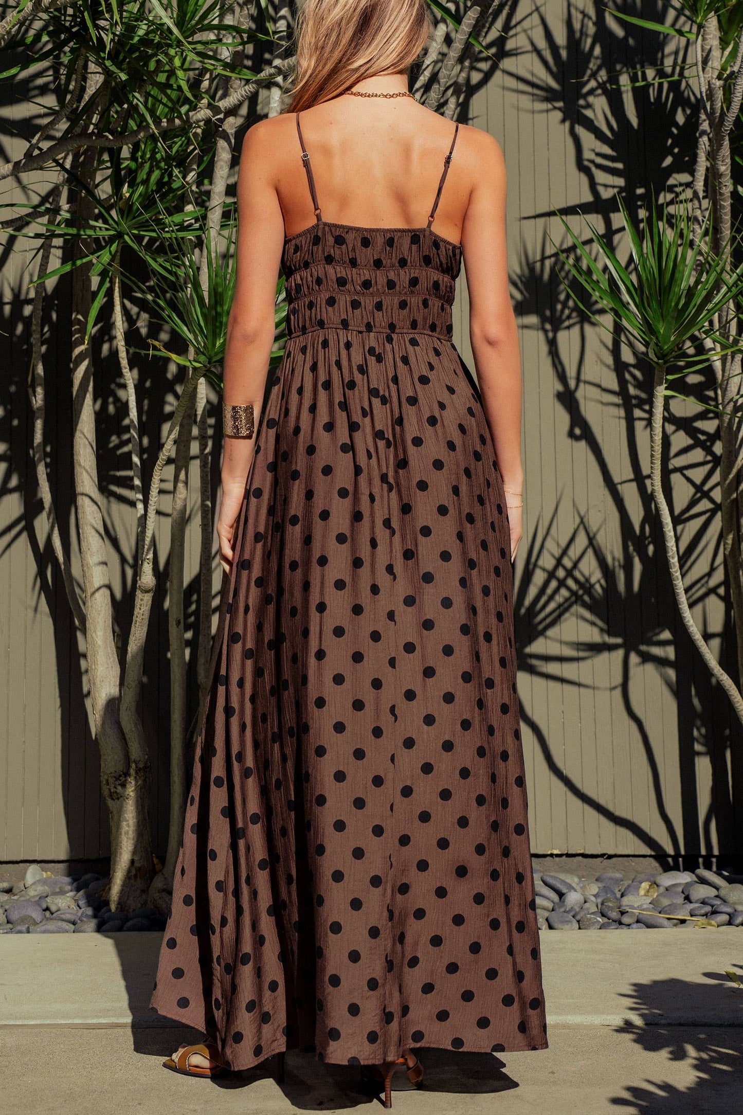 Polka Dot Smocked Maxi Dress Linen Blend