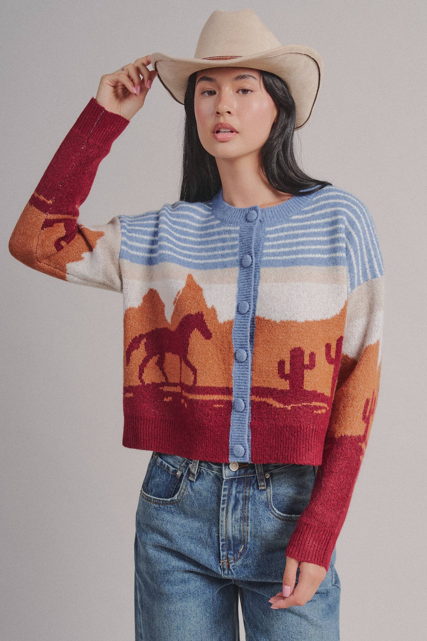 Western Desert Scene Cropped Button Cardigan