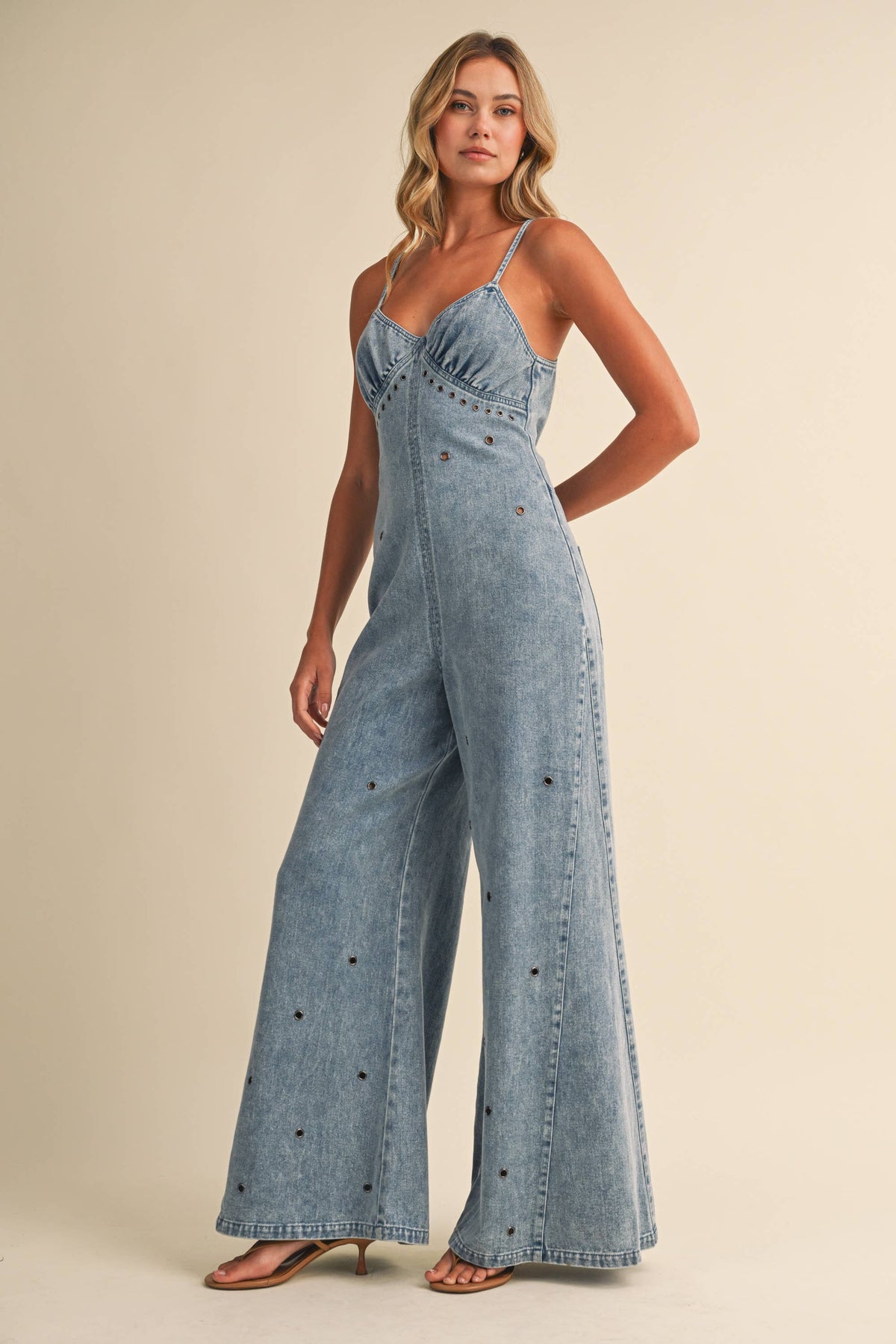 Denim Jumpsuit with Grommet Details