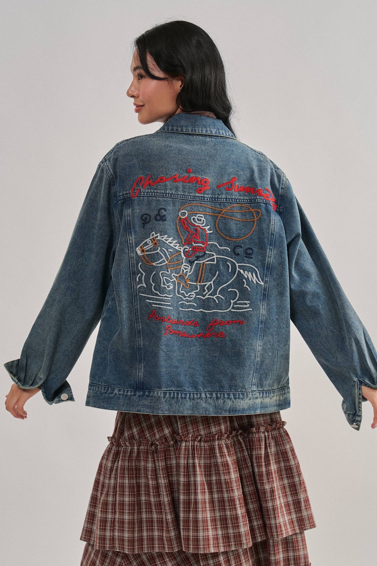 Embroidered Western Cowgirl Denim Trucker Jacket