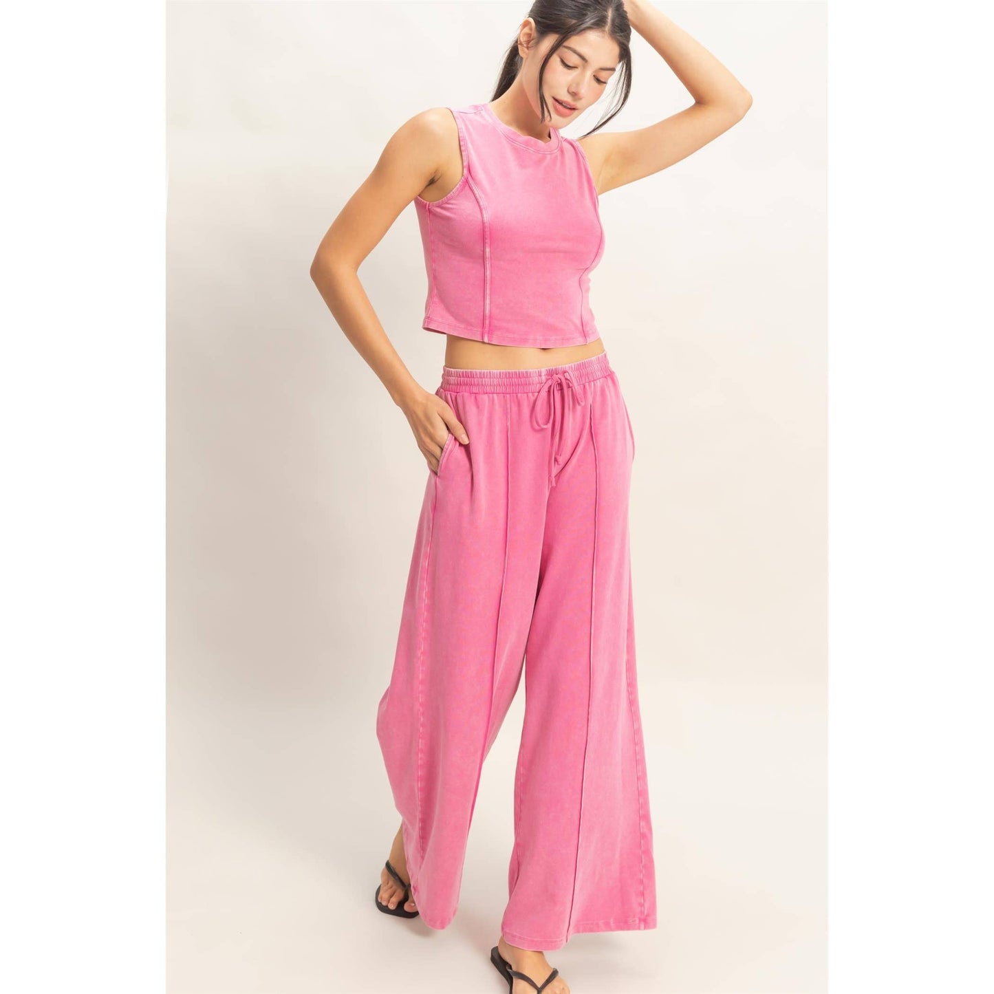 Mineral Washed Sleeveless Top & Wide Leg Pants Set: