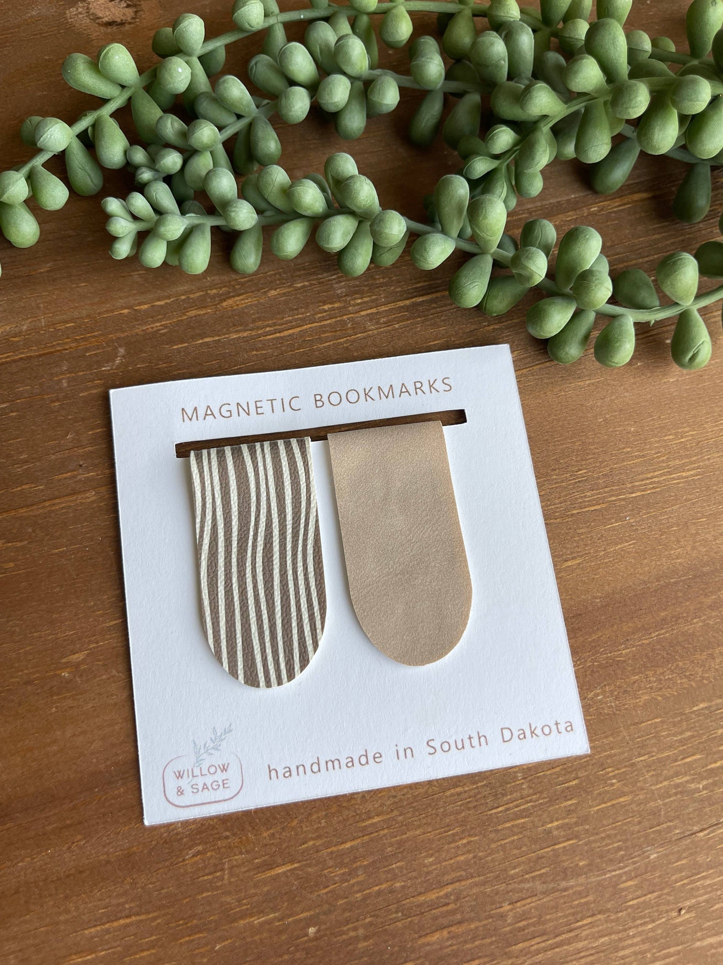 Taupe Stripe & Suede Magnetic Bookmark Pair