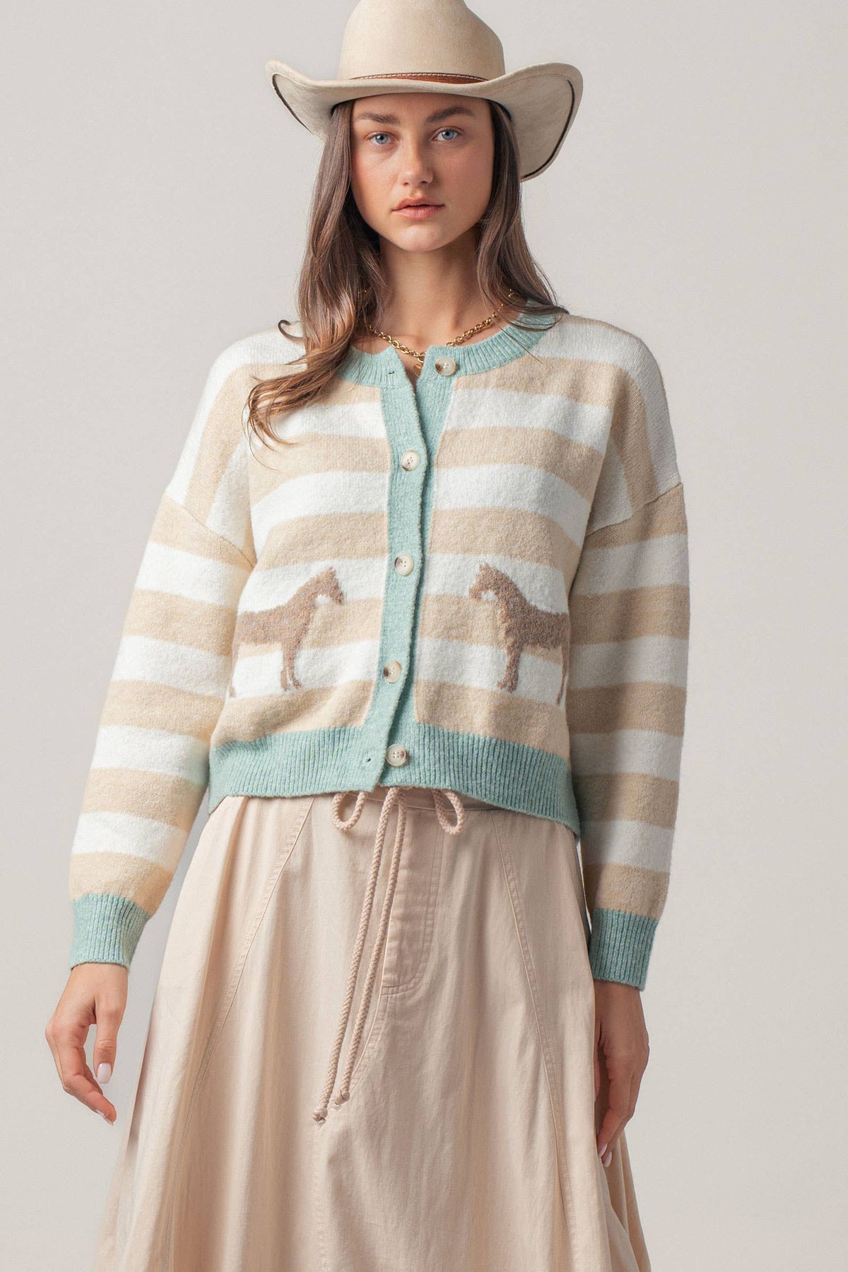 Horse Jacquard Striped Crew Neck Cardigan