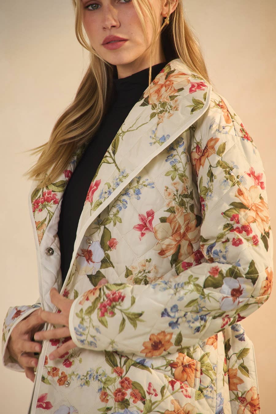 Quilted Floral Printed Belted Coat