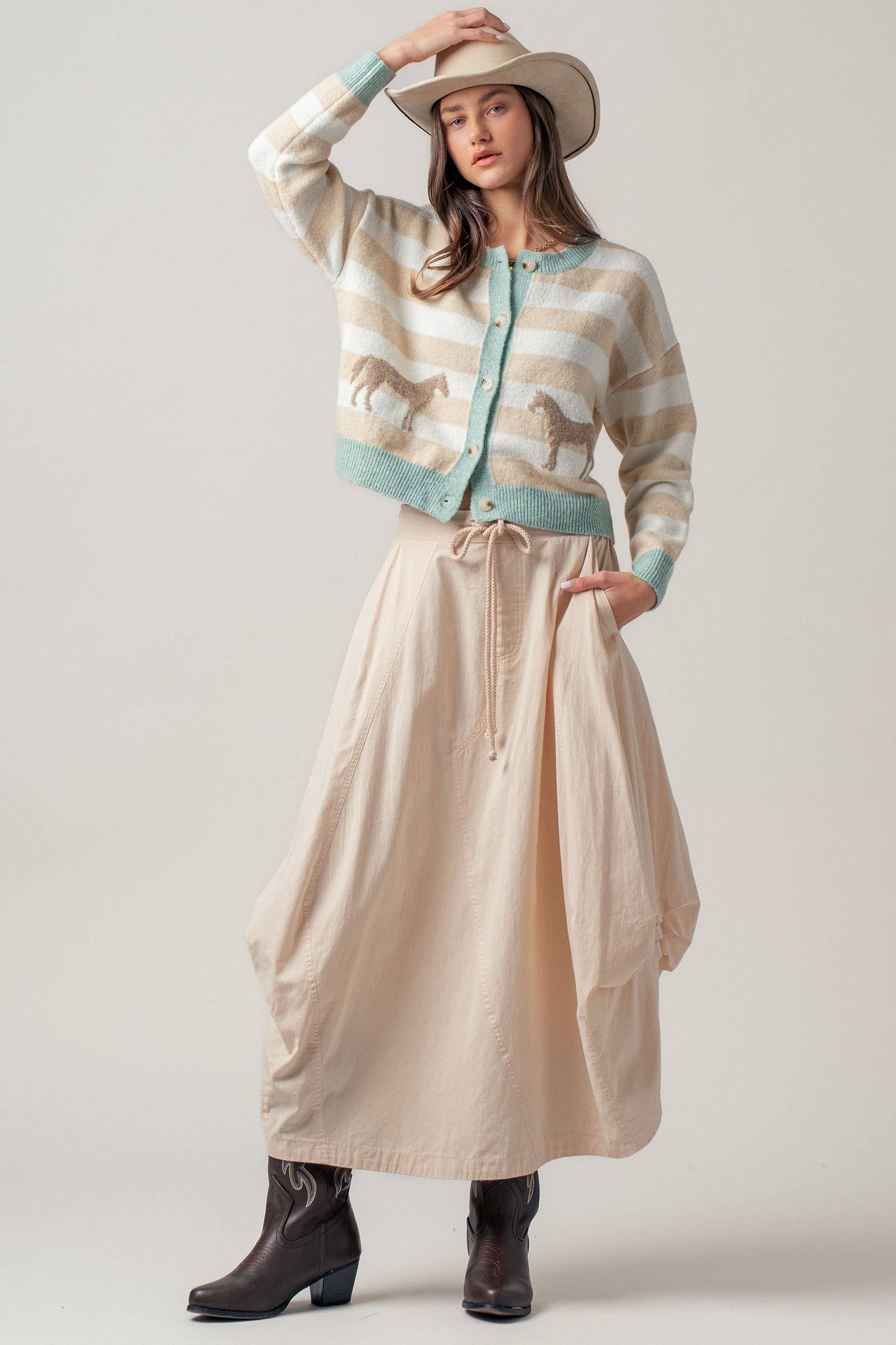 Horse Jacquard Striped Crew Neck Cardigan
