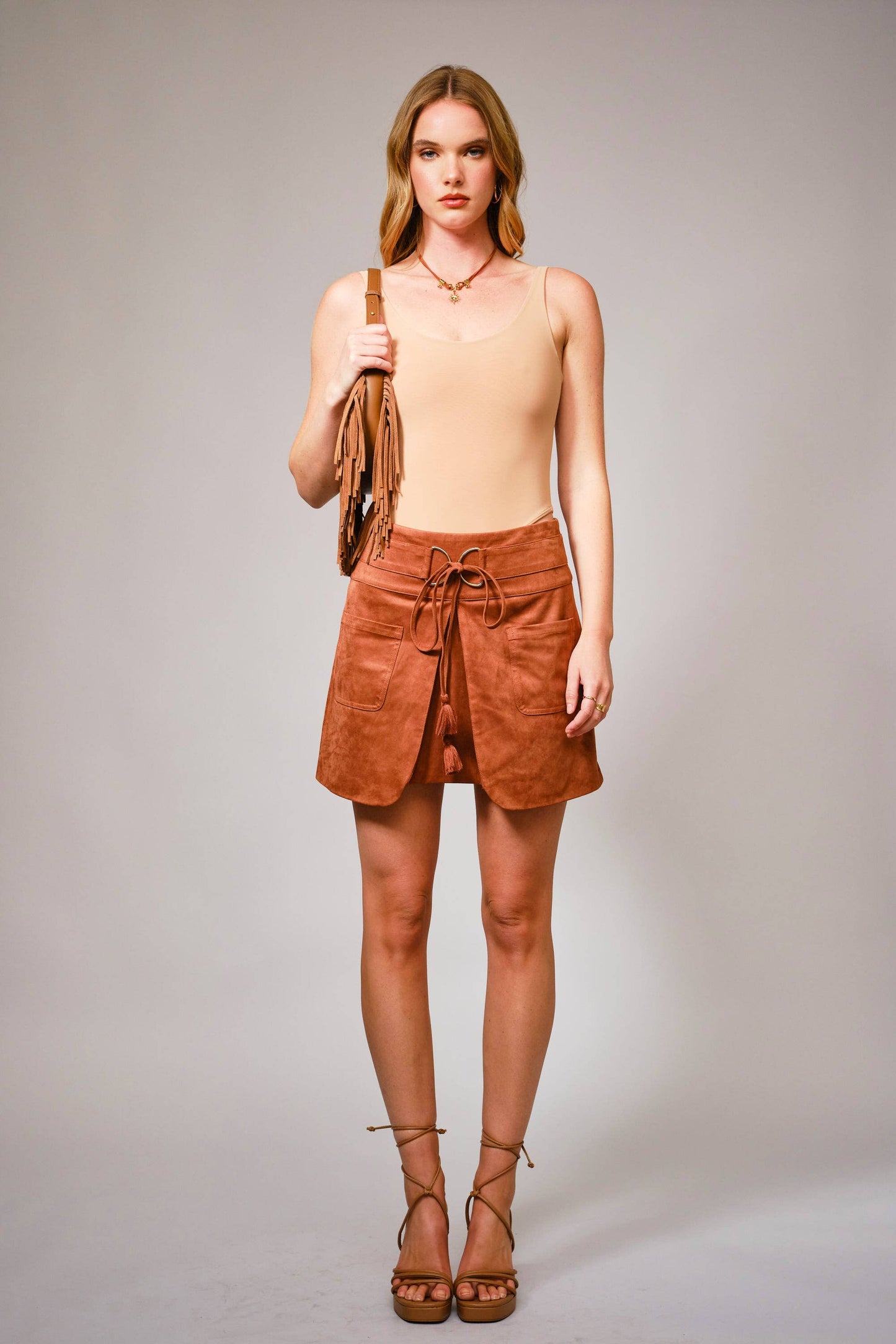 Suede Ring Tassel Tie Mini Skirt