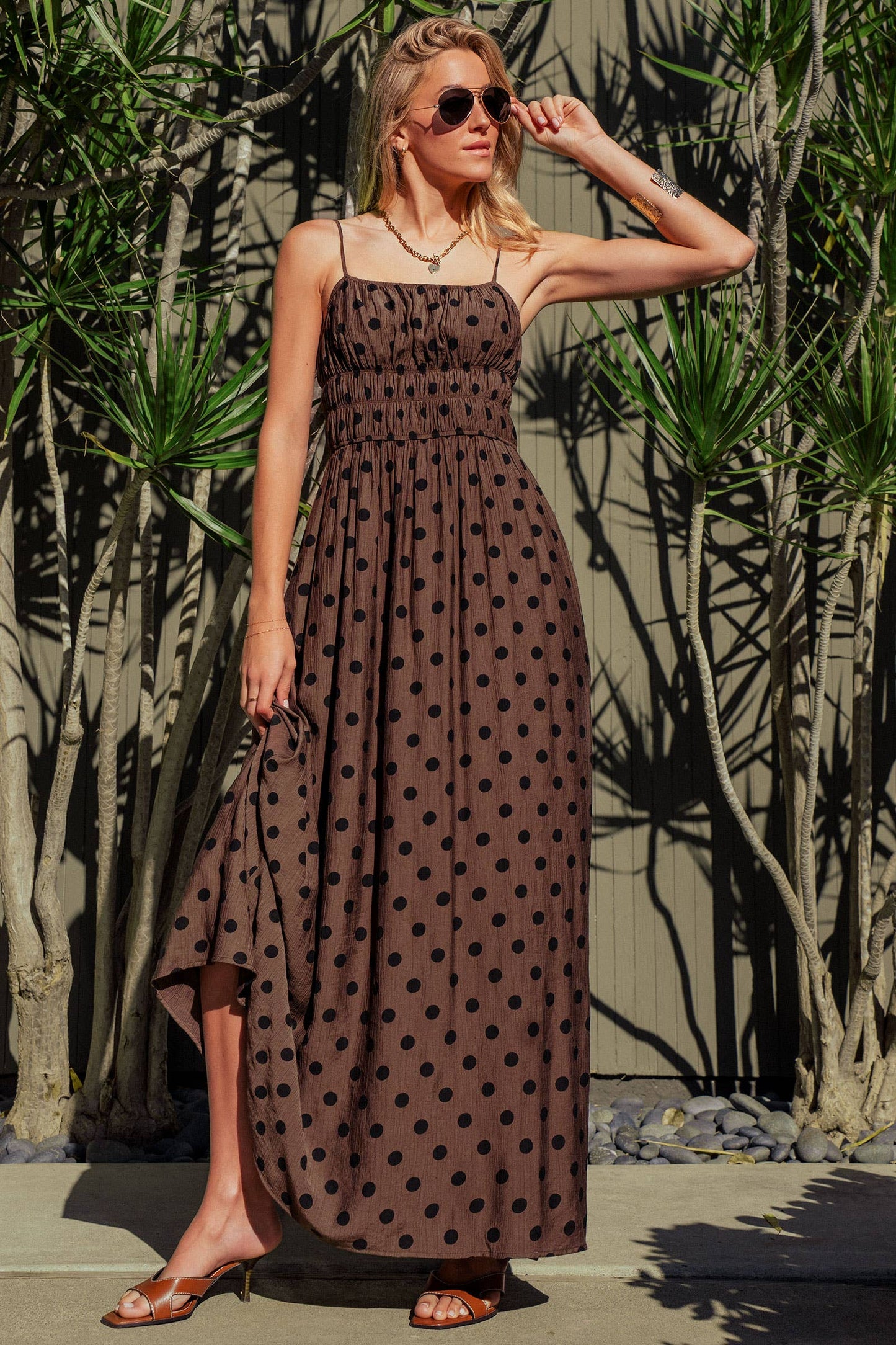 Polka Dot Smocked Maxi Dress Linen Blend