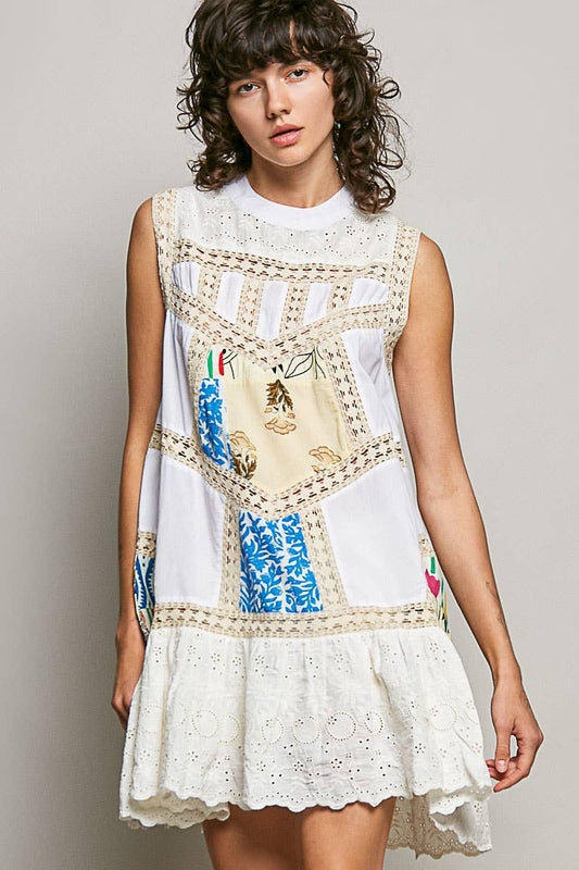 Boho Printed Scalloped Edge Eyelet Lace Mini Dress