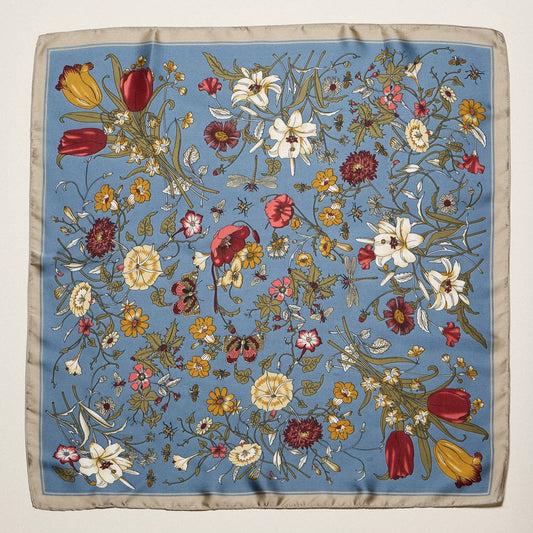 Vintage Botanical Floral Square Scarf | Elegant Garden Print Satin Neck & Hair Scarf