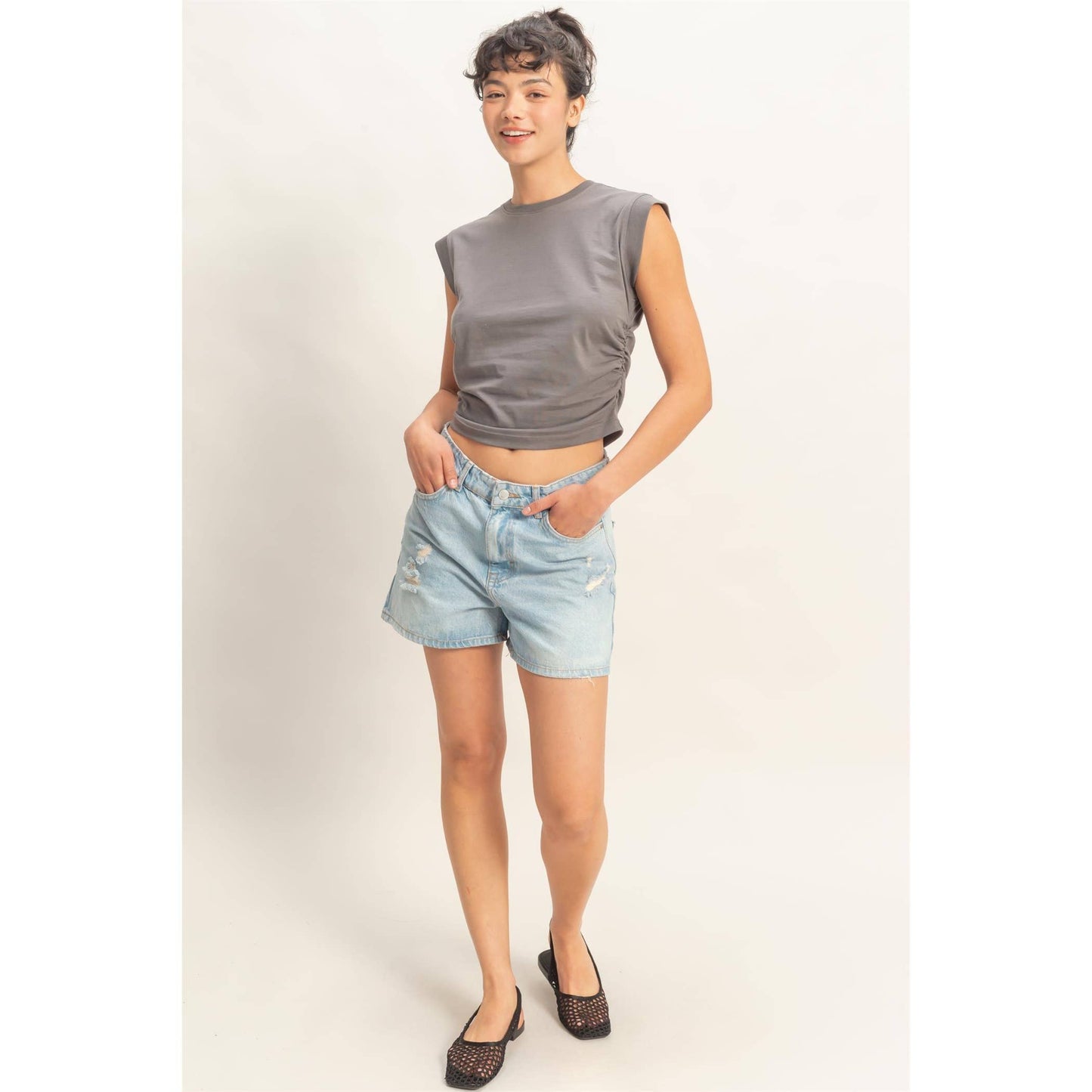 Ruched Waist Sleeveless Cotton Top