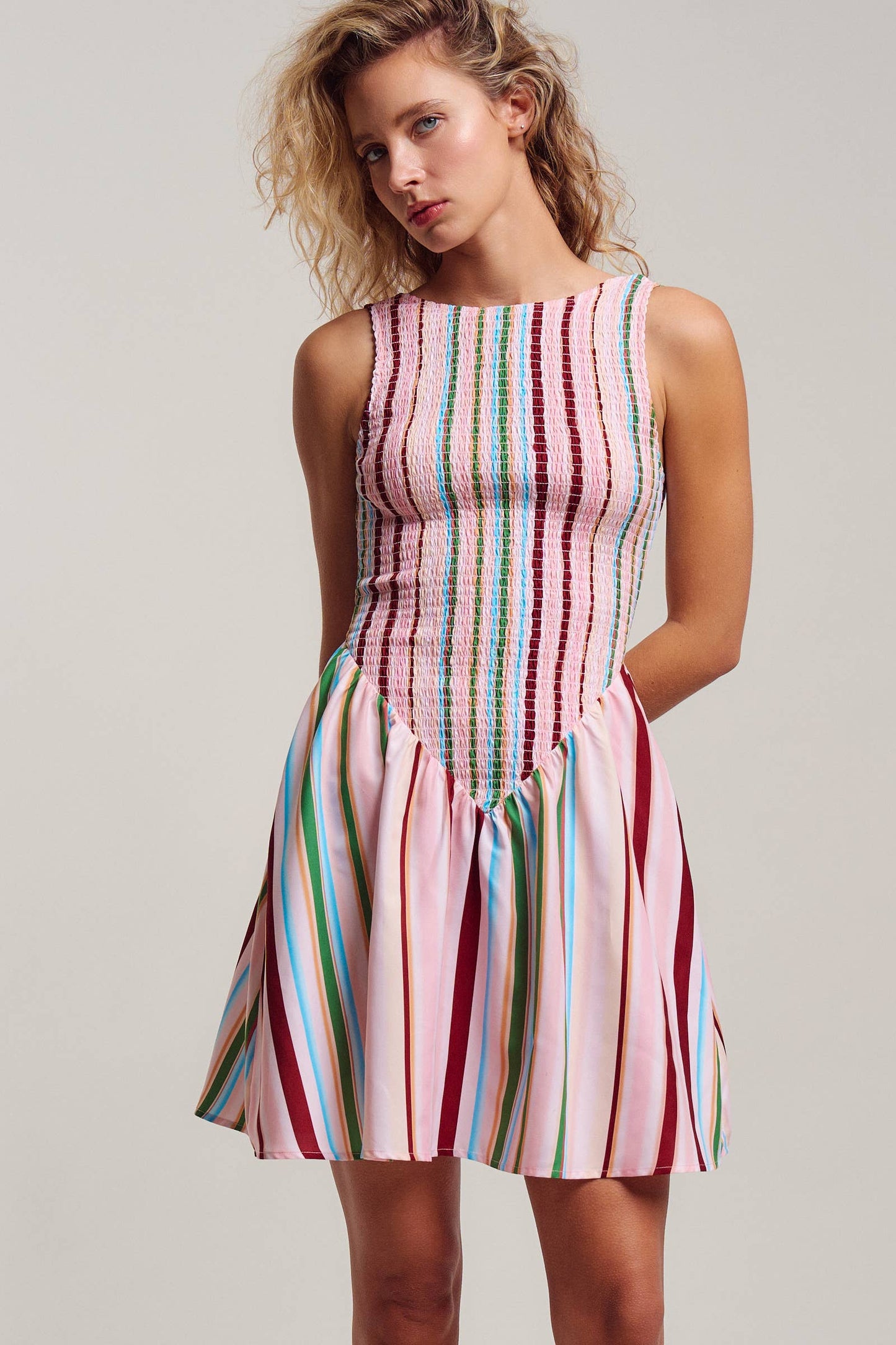 Sorbet Stripe Smocked Bodice Sleeveless Mini Dress