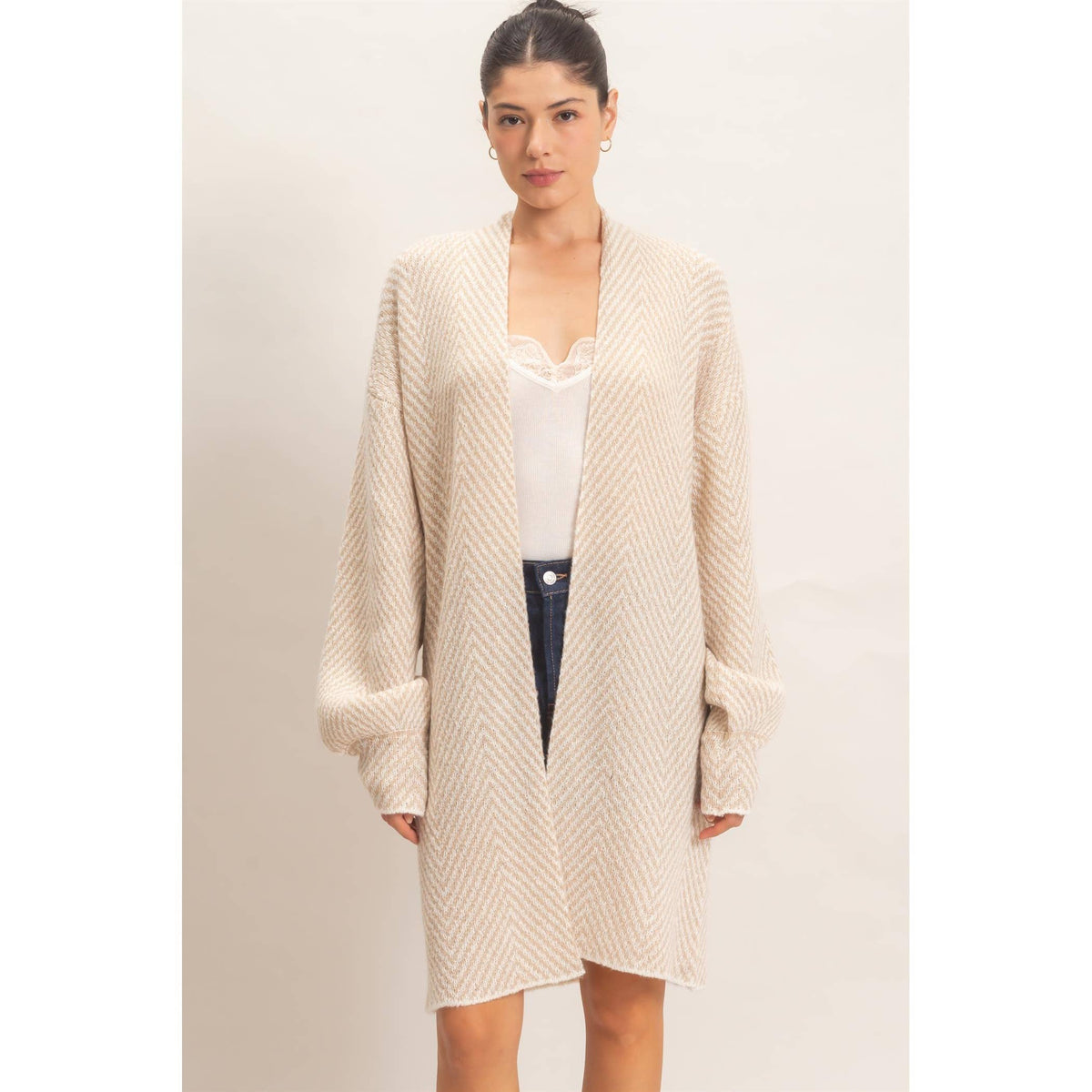 Herringbone Pattern Open-Front Cardigan