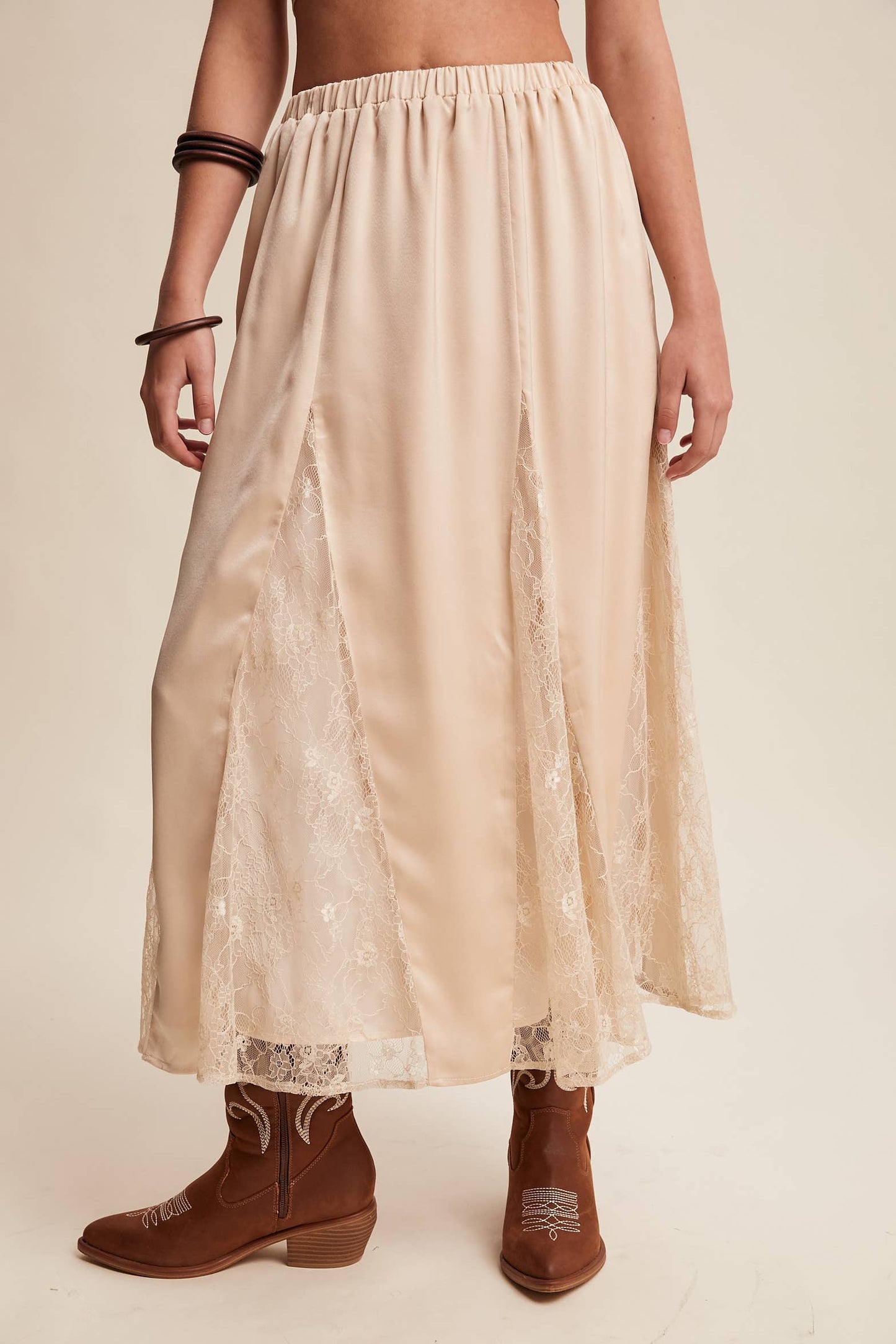 Lace Inset Satin Midi Skirt
